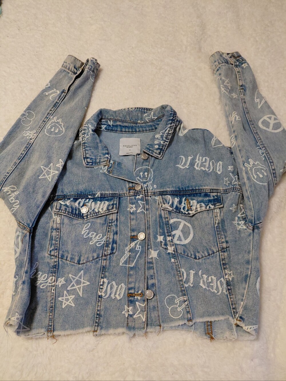 Angel Kiss Graffiti Print Denim Jacket Size M